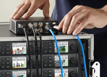 someone connecting a blackmagic teranex mini