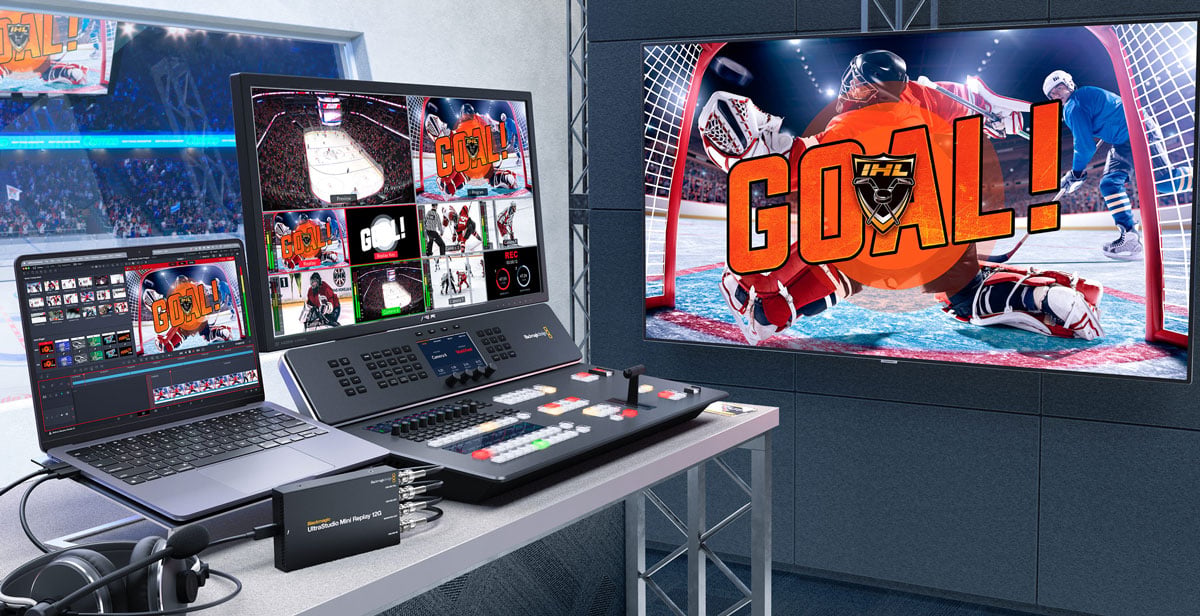 laptop in a live production studio for a hockey game using the ultrastudio mini replay 12g