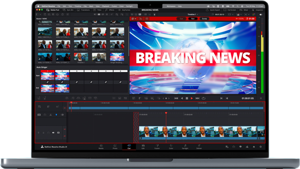 laptop showing the davinci resolve interface editing a news broadcast