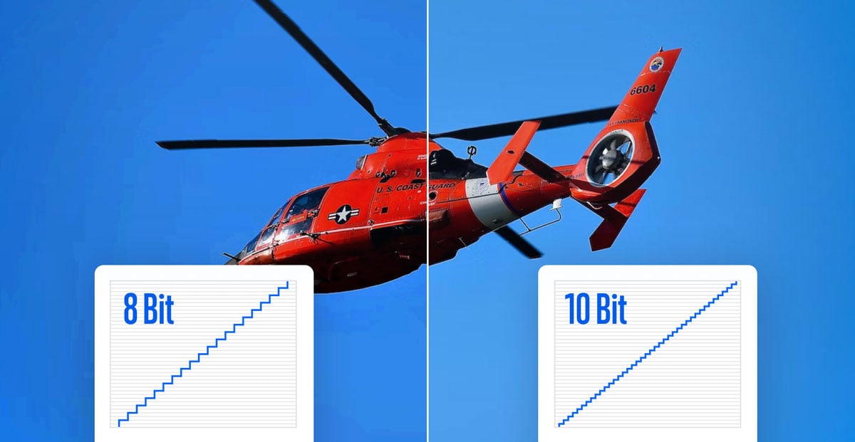image of a red helicopter in the sky comparing 8-bit and 10-bit video quality