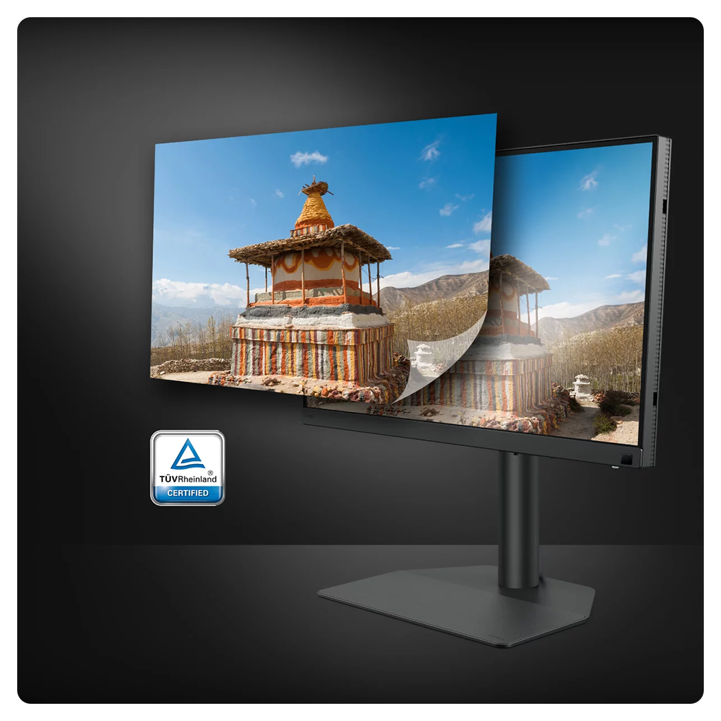 angled view of the benq monitor on a black background with the TUV certified logo