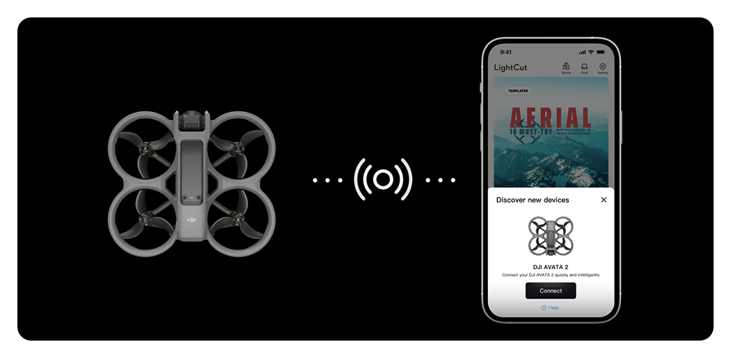 DJI Avata 2 drone connecting wireless to LightCut