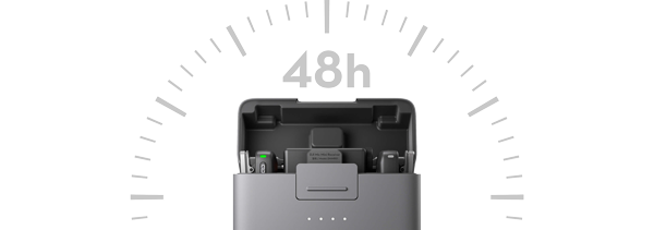 DJI Mic Mini in open charge case with clock illustration above with 48hour battery life text