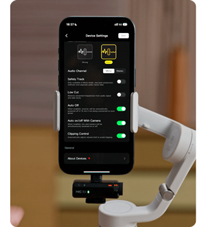 Apple iphone mounted on DJI osmo mobile 6 with DJI Mimo application open