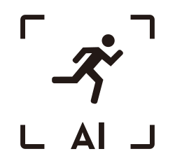 Black icon of person running in square frame with AI text 