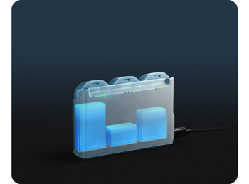 Rendered image of DJI Neo Battery Charging hub with battery levels visible