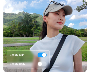 Photograph of young asian woman wearing white tshirt and cap with Beauty skin slider active