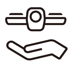 Black icon of DJI Neo flying above open hand
