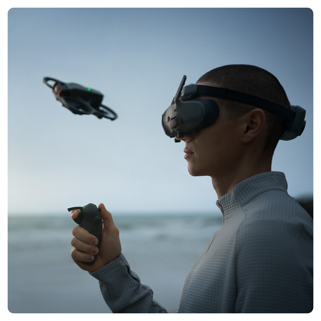 someone using the dji rc motion 3 and goggles 3 to fly a drone