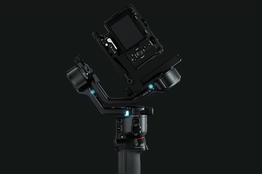 closee up of the DJI RS 5 highlighting the 2nd geen automated axis locks