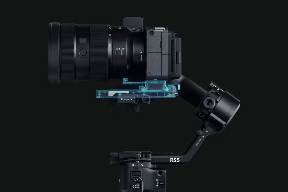 side view of the DJI RS 5 highlighting the quick release plate