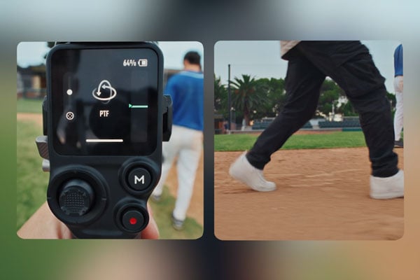 DJI RS 5 z aaxis indicator interfaace and footage being caaptured of someone walking