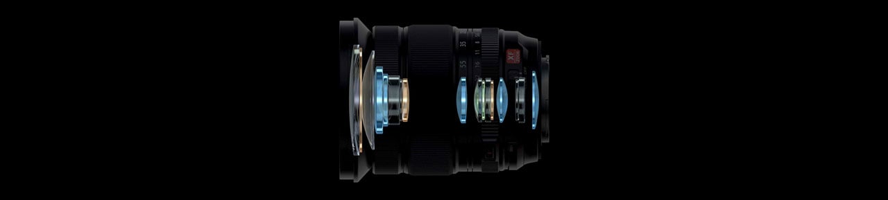 Illustration of Fujifilm XF16-55mm F2.8 R LM WR II optical constructions showing lens elements on black background