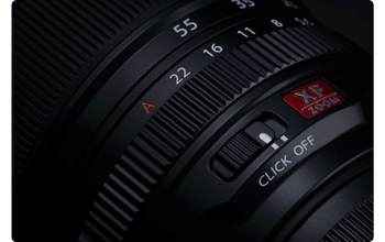 Close up photograph of Fujifilm XF16-55mm F2.8 R LM WR II aperture ring and switch controls