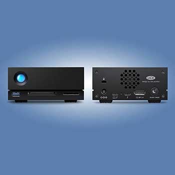 Front and back view of LaCie 1big dock on light blue background