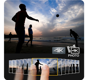 image of people playing football on beach at sunset with 4K video icon and film strip across bottom