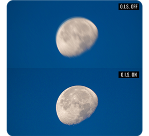 image comparison photos of moon on blue sky with image stabilisation on and off on Panasonic Lumix FZ82D