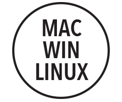 black circle icon with mac, win, linux operating systems text