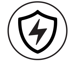 black circle icon with shield and thunderbolt in centre