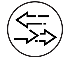 Black circle icon with arrows pointing across senter indicating data transfers