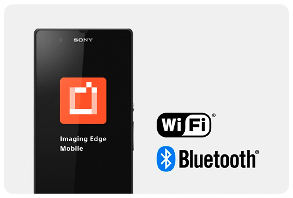 Sony Imaging Edge application on smartphone with WiFi and Bluetooth logos