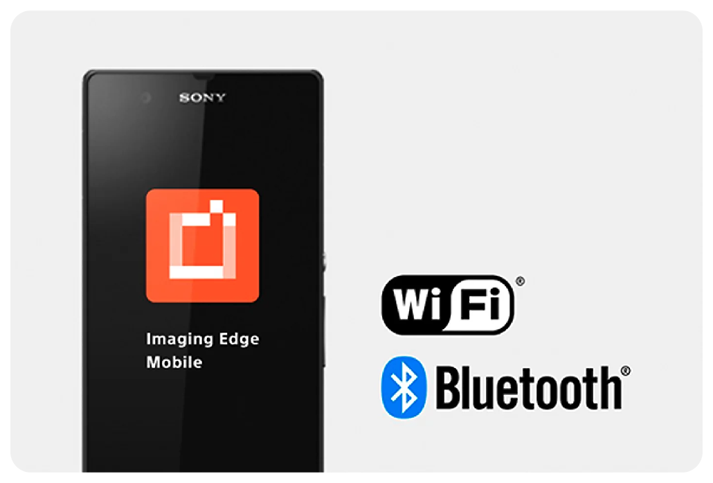 Sony Imaging Edge application on smartphone with WiFi and Bluetooth logos