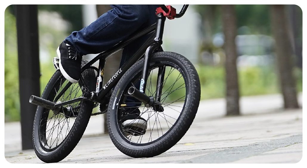 Sony A7C sample image of person riding black bmx in public park with grass in the background