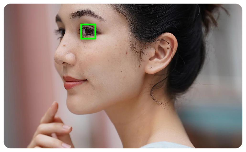 Sony A7C Sample portrait of brunette woman with autofocus bracketing on her left eye 