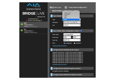 AJA Bridge Live software window showing encoding options