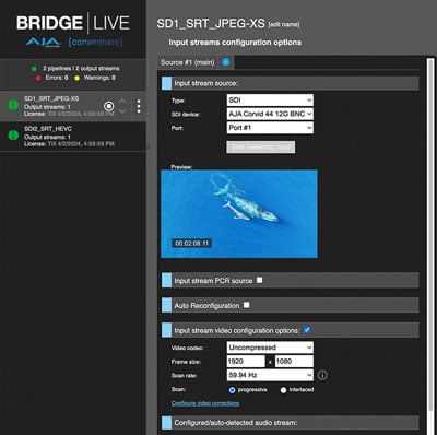 aja encoder for live streaming interface