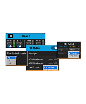 AJA Bridge software windows showing audio bank 1, NDI outputs and SDI outputs