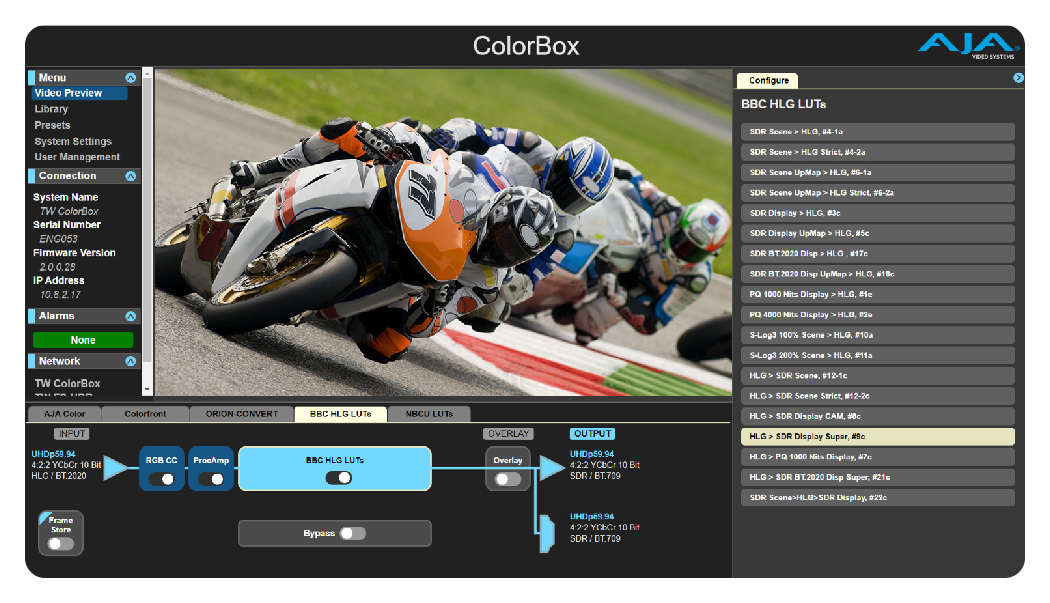 aja colorbox bbc hlg lut interface