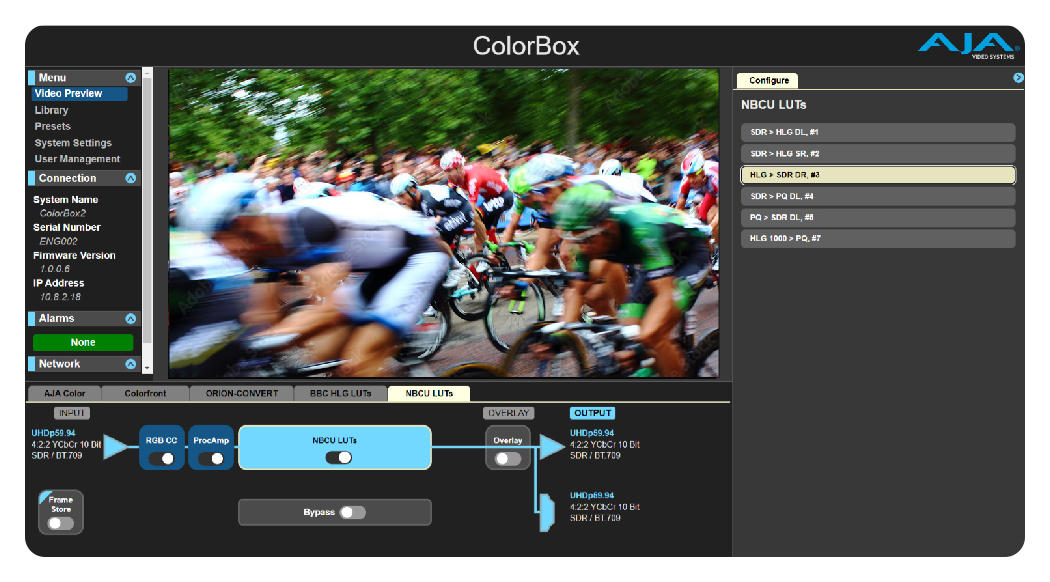 aja colorbox nbcu lut interface