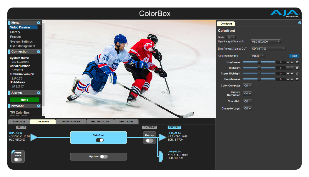 aja colorbox colorfront tv interface