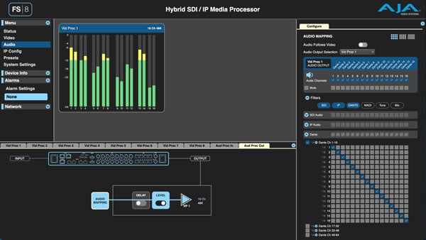  audio metering, routing, and pipeline configuration tools on the aja fs8 web interface