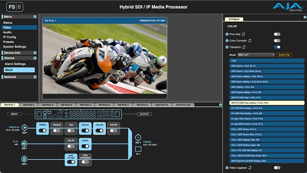 HDR Options on the AJA FS8 user interface