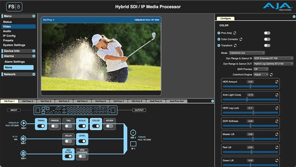 visual node pipeline, routing options, and Colorfront Engine color grading controls for the aja fs8