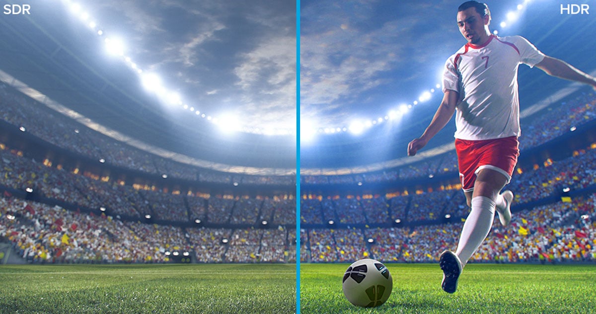 hdr and sdr comparison image of a footballer about to kick a ball