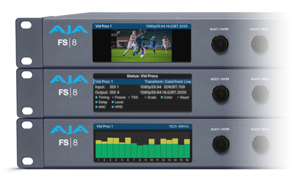 close up of the three of the aja fs8s focusing on the lcd display
