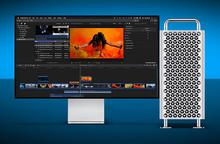 apple mac set up on a blue background using ther aja kona ip25