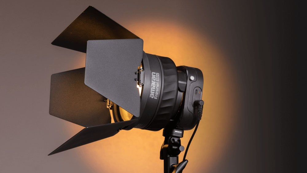 amaran mono light on a stand with barn doors attached