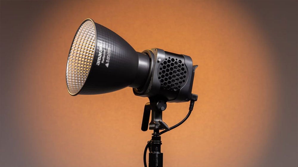 amaran mono light on a stand with reflector attached