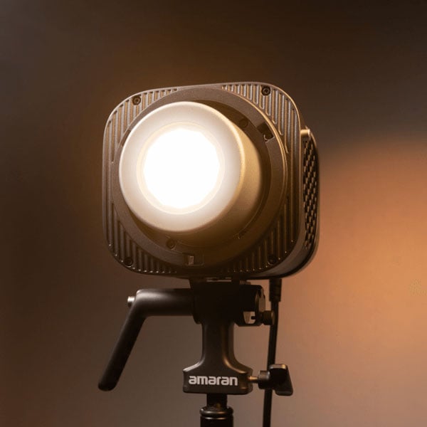 front view of the amaran monolight turned on against a brown background