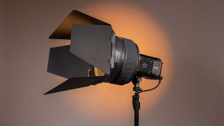 amaran mono light on a stand with barn doors attached