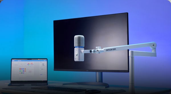 amaran mic attached to a desk using a boom arm