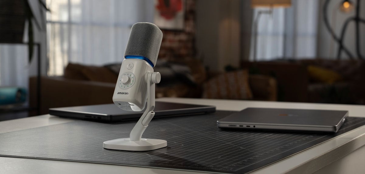 white amaran mic on a desk in a modern apartment