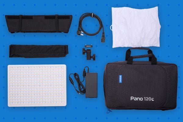 breakdown of the amaran pano 120c kit on a blue background