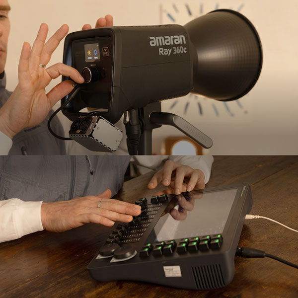 split image of someone adjusting the light using the on-board controls and someone adjusting it using a dmx controller