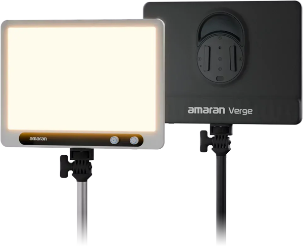 front and back view of the amaran verge light mounted onto a light stand