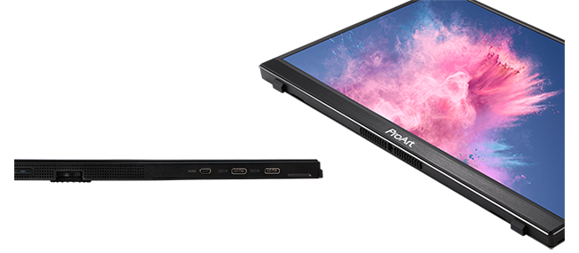 close up angled and side views of the asus proart pa148ctv portable monitor showing the connectivity ports